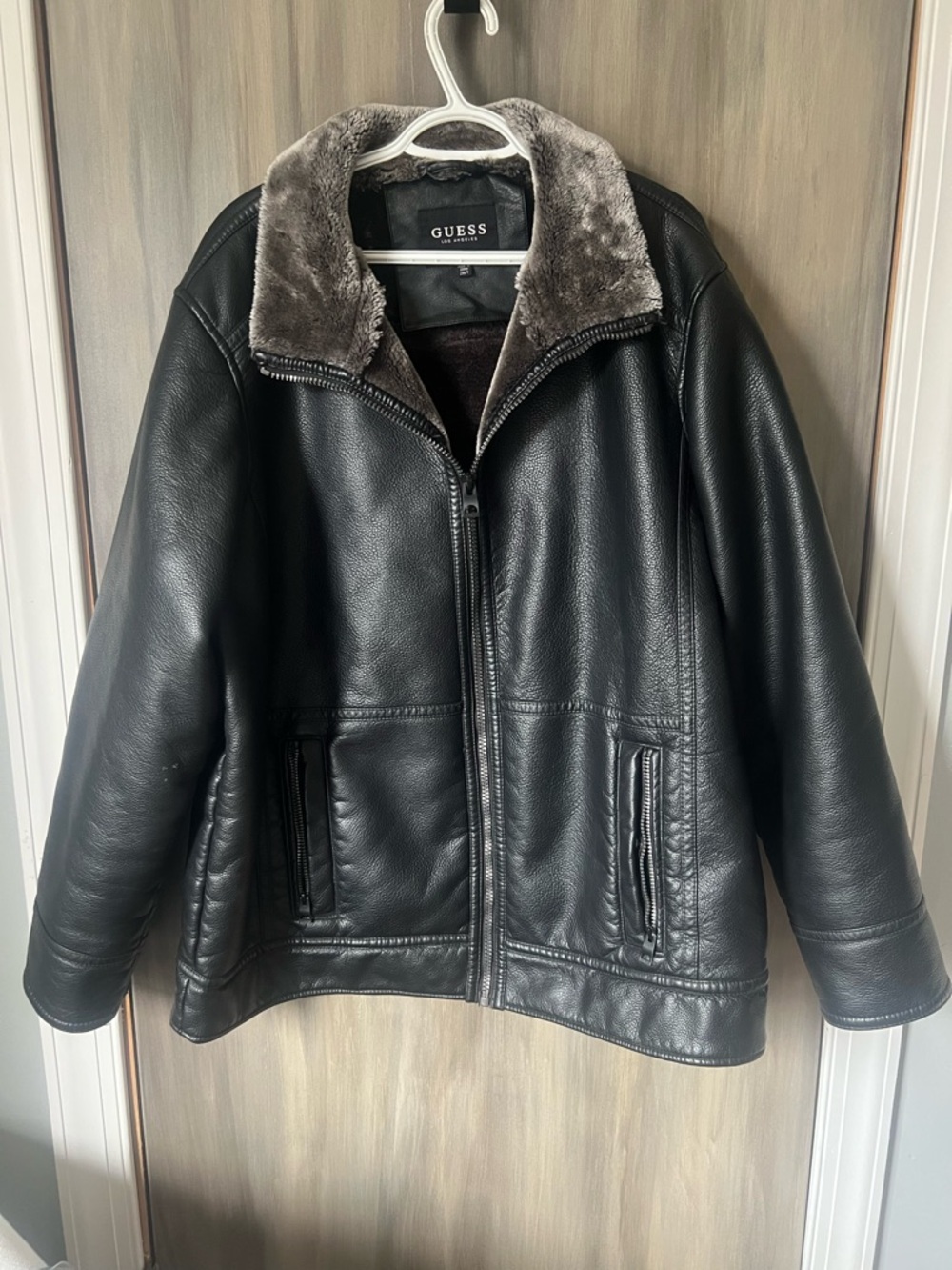 GUESS Black Faux Leather Jacket with Gray Plush Collar